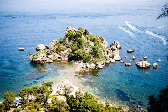 beach and island Isola Bella at Taormina, Sicily
