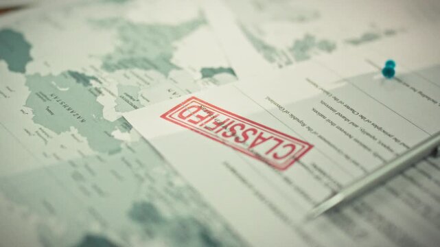 A prominent red secrecy stamp on classified documents on a table overlaid with a global map signifies diplomatic restriction and intelligence protocol