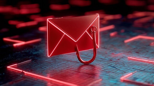 A digital illustration of a red email envelope with a fishing hook, symbolizing phishing scams in cybersecurity.