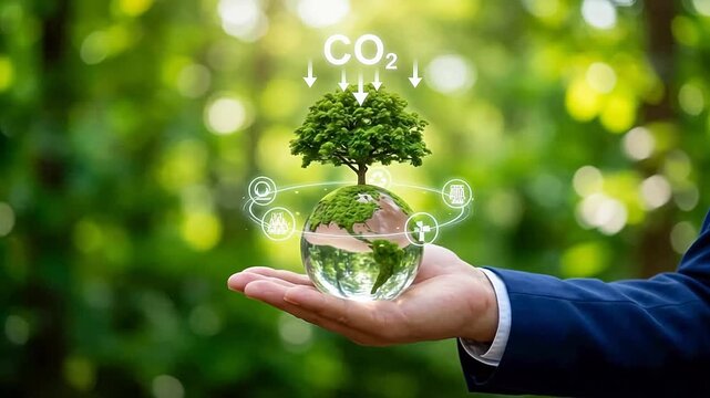 Hand holding glass globe with green tree absorbing $CO_2$ carbon dioxide, carbon neutrality and sustainable development concept, environmental protection icons with ESG green energy, forest reforestat