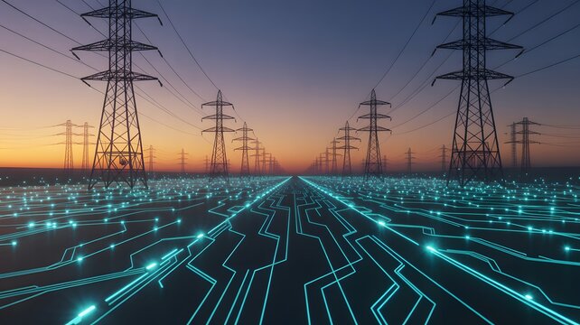 Digital Smart Grid Network Beneath Power Transmission Lines at Sunset, Energy Infrastructure Technology, Electricity Distribution System, Future Power Management and Innovation