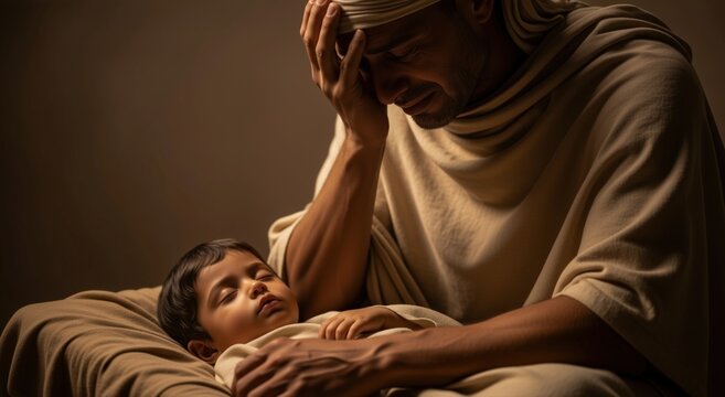 Grieving father mourning the death of his firstborn son. Biblical tenth plague of Egypt scene. Ancient Middle Eastern man in deep sorrow next to a still child. Dramatic historical narrative