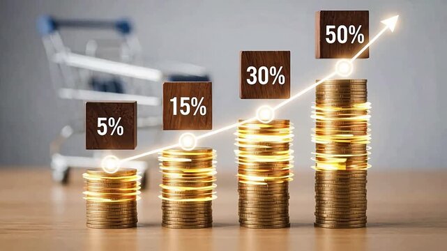 Shopping cart with rising arrow, coin stacks, and percentage wooden blocks. Video footage symbolizing inflation, price increase, sales growth, and return on investment.