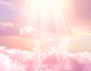 Obraz premium 天使の羽が舞う神秘的な光の空間 神聖 スピリチュアル 愛のエネルギー ピンク背景