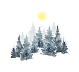 Obraz premium Watercolor landscape of fir trees in the snow. hand drawing. Not AI, Vector illustrations