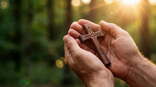 Devout hands holding wooden cross in forest sunlight for prayer, symbolizing religious faith, spiritual redemption, christianity, divine grace and peaceful hope. Close up shot ideal for Easter, church