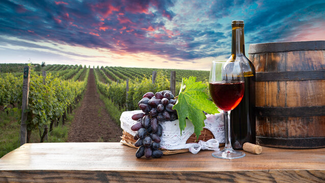 Red and white wine bottles with a grape basket on a rustic wooden table, set against a picturesque vineyard landscape. A perfect scene for wine lovers and countryside ambiance. High quality photo