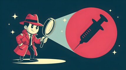 Detective Character Investigating Syringe Shadow with Magnifying Glass, Vaccine Safety Check, Medical Research Inspection, Immunization Awareness and Public Health Investigation