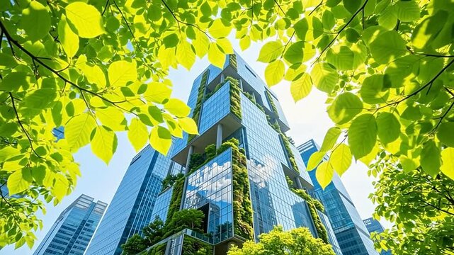 Modern glass office building with vertical greening and blurred green leaves in foreground. Concept of sustainable business, green architecture, eco city, and ESG corporate responsibility.