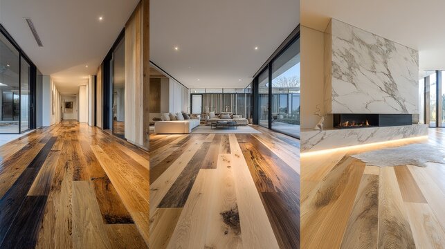 Three sections display different hardwood flooring types in a luxury living room with large windows and elegant furniture