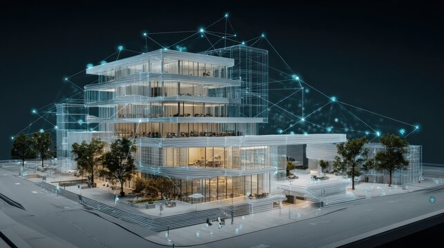 A smart building shows digital connections and modern features in a city at night. Lights glow and technology stands out