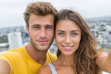 Fototapeta premium A charming couple is taking a selfie with a cityscape backdrop, smiling brightly, showcasing happiness and a modern lifestyle, creating a memorable moment together.