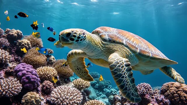 Sea turtle swimming over vibrant coral reef surrounded by tropical fish in clear ocean water