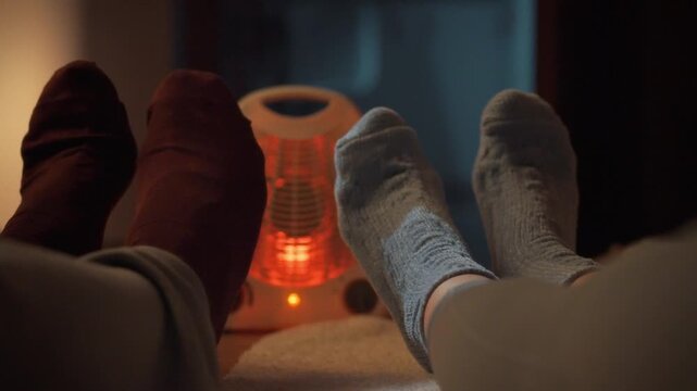 Snuggled together on the floor, a young couple enjoys warmth from a radiant heater, their feet clad in cozy winter socks, basking in the comforting red glow that fills the room