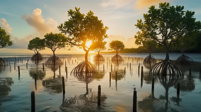 Mangrove trees thrive in serene coastal wetland at sunset