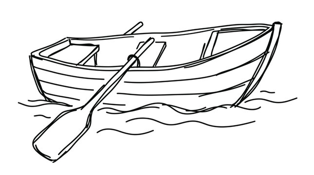 Minimalist hand drawn line art illustration of a classic wooden rowboat with oars on water ripples, ideal for coloring pages, nautical logo design and educational materials
