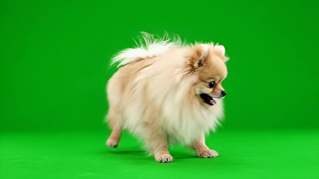 Adorable Pomeranian Dog Standing on Green Screen Background in Studio Setting