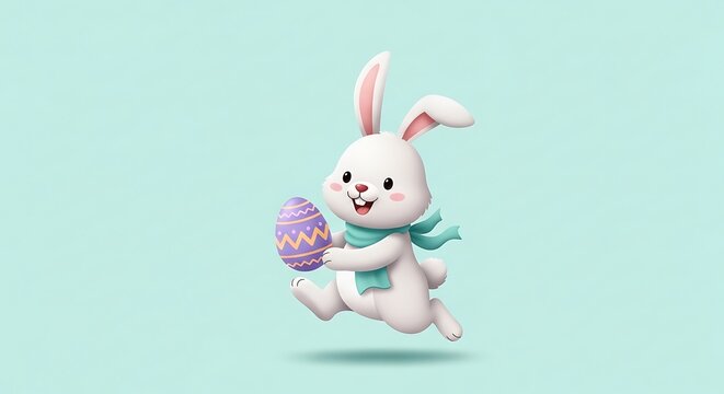 Happy easter bunny holding colorful egg in mid jump celebration
