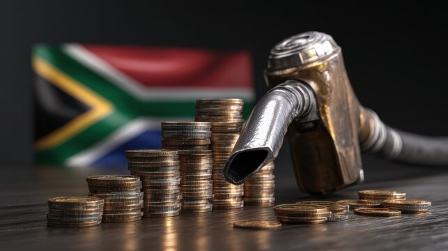 Fuel price increase in South Africa with coins stacked in front of a fuel nozzle and flag in the background