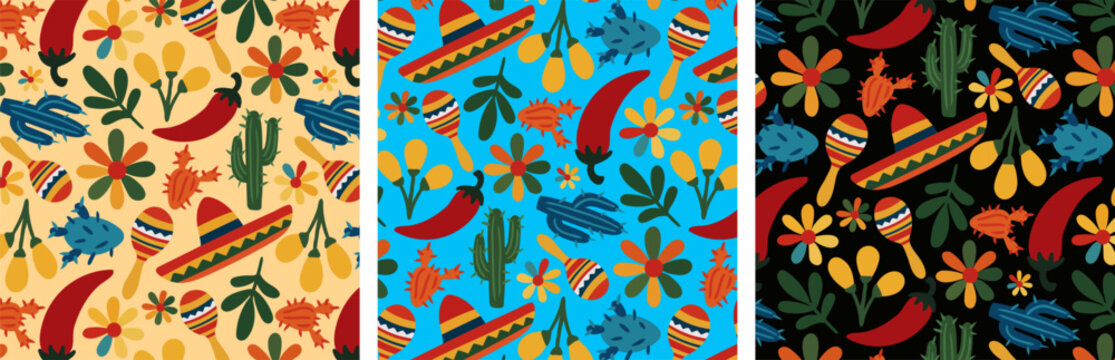 collection of three mexico fiesta repeat patterns for cinco de mayo celebration fabric design and cultural wallpaper set