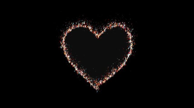 Vibrant Heart Silhouette Composed Of Sparkling Multicolored Musical Notes And Symbols Like Treble Clefs And Eighth Notes Shimmering Against A Solid Black Background, Artistic Romantic Concept For Musi