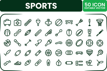 50 Sports Icons Line Art Set - Athletic Equipment Outline Vector Pack