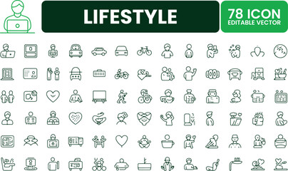 Lifestyle Icons Set: 78 Editable Vector Line Icons for Daily Life and Wellness