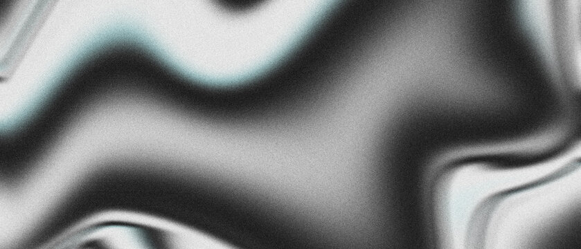 Abstract grayscale fluid wave pattern features subtle cyan highlights and intense digital noise texture overlay