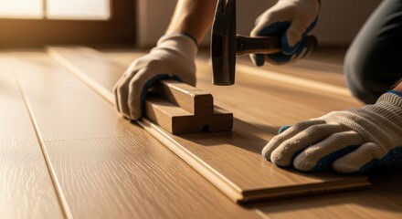 Person measuring hardwood floor installation with precision tools in warm sunlight at home renovation
