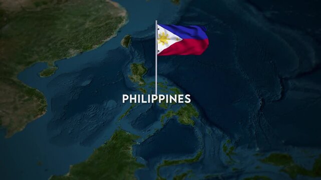 The Flag of the Philippines on the World Map, the Philippines flag waving on the 3d map animation 4K