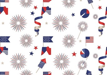 Vibrant Patriotic American Celebration Seamless Pattern with Festive Fireworks, Flags, and Streamers