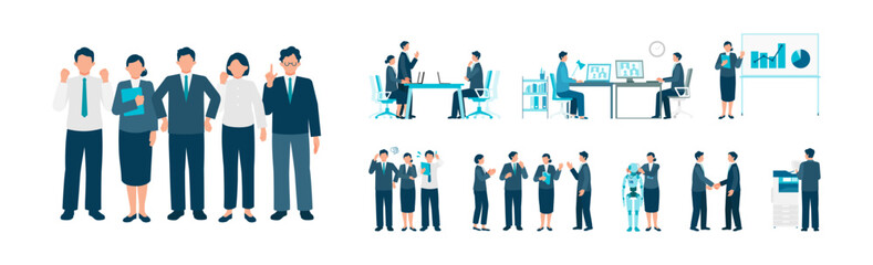 Office Team Driving AI Adoption and Hybrid Work Transformation Business Illustration Set with Meetings, Presentations and Workflow Optimization