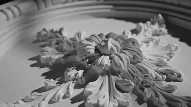 Ornate plaster ceiling medallion with classical floral relief carving. Architectural detail for interior design and restoration. Black and white slow motion