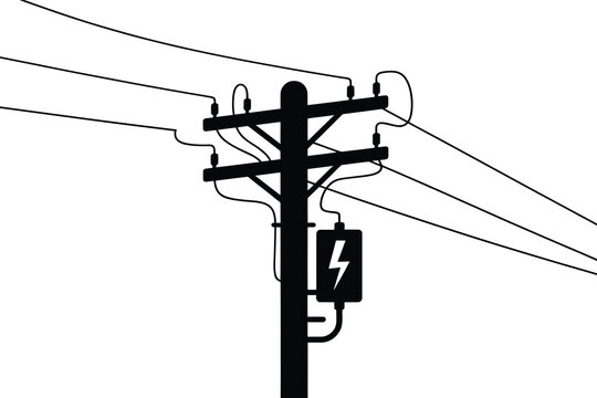 A black silhouette of a power pole with electrical lines and a warning