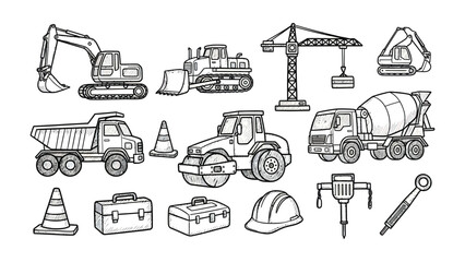 Construction Site Blueprint: A detailed illustrated set of construction equipment and tools, offering a glimpse into the world of building and infrastructure. © mstmahmuda