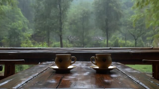 Two coffee cups on wooden table with forest background