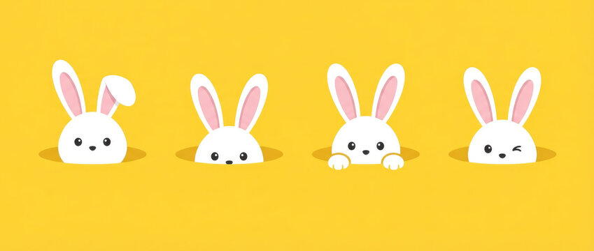 Easter bunny faces with long ears are peeking over a white surface against a solid yellow background in a repeating pattern