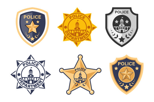 Police officer seal. Policeman badges and sheriff emblems with star and shield, law enforcement insignia flat style. Vector collection of badge illustration