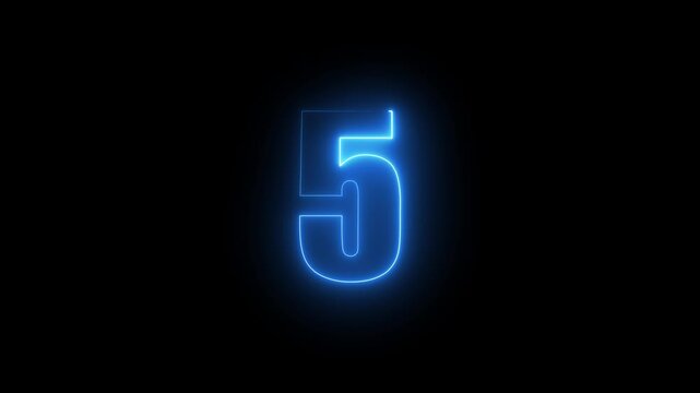 neon glowing text 5 number countdown icon on black background 4k animation. Neon number 5 with alpha channel, Energy red neon 5 number.