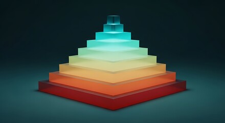 A colorful, layered pyramid with graduated hues of red, orange, yellow, and blue on a dark background