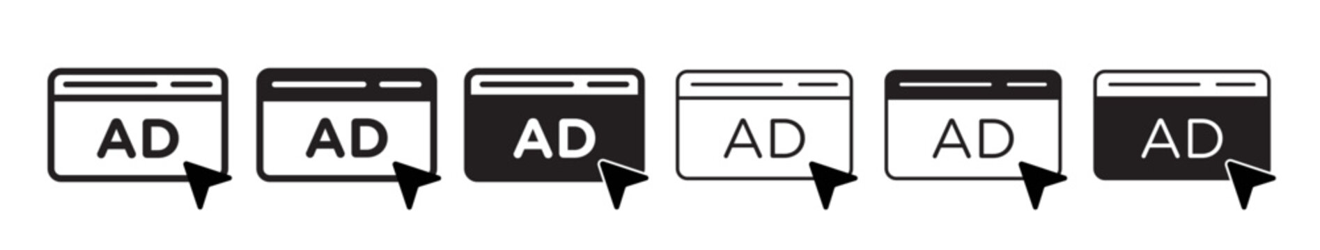 ad icon set in different styles. isolated Online Ad Vector symbol. suitable for web, mobile, ui. filled and outlined icon set.