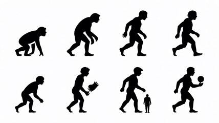 An Illustration of Black Silhouette Human Evolution Sequence from Ape to Upright Person Including Family Interaction and Ball Activity