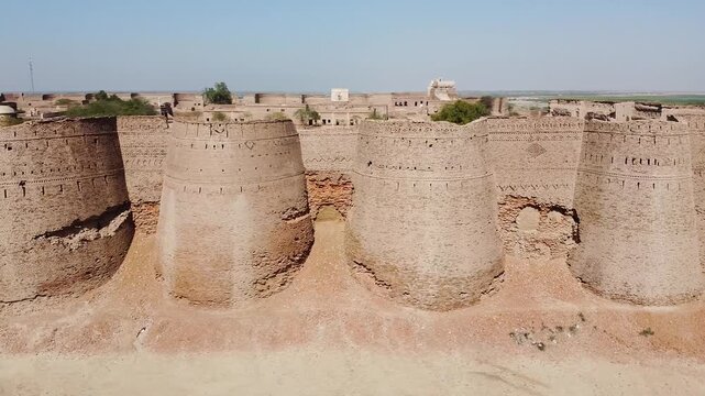 Side Aerial Drone View of Derawar Fort in Cholistan Desert, Pakistan