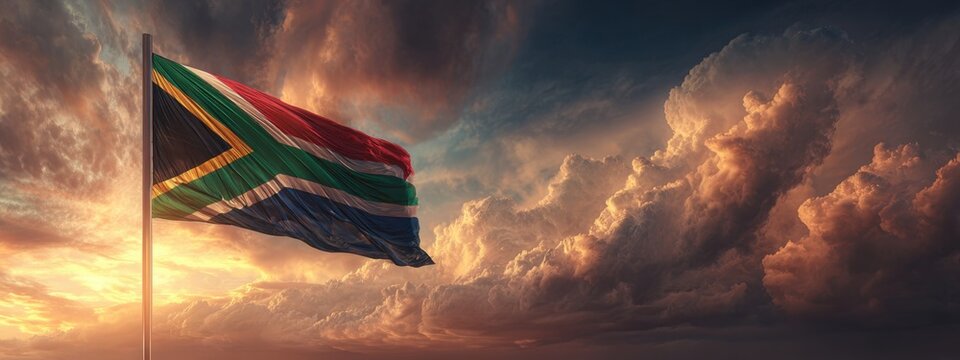 South African flag waving against a sunset sky with clouds
