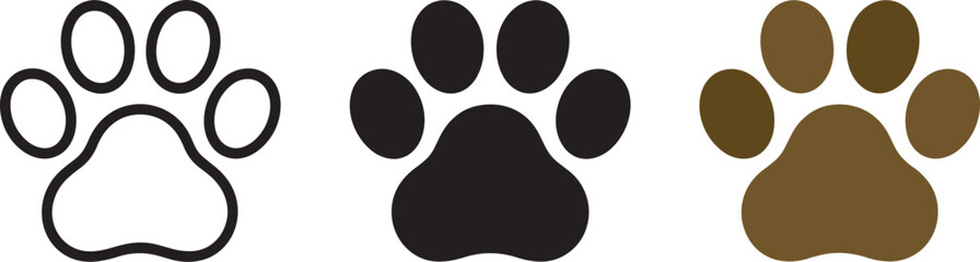Paw print icons outline solid black and brown on transparent background for pets © fay009