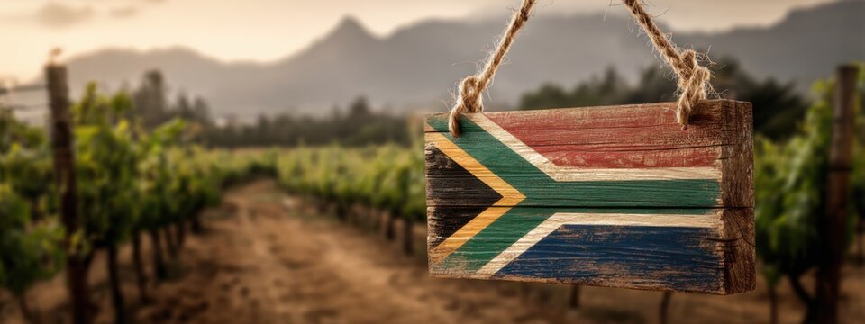 Sign for South African vineyard with flag near grapevines during sunset in a rural area