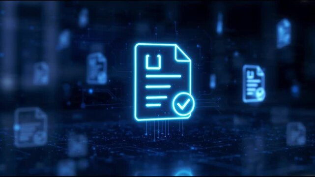 Futuristic technology interface displaying digital documents with verification checkmarks in a dark blue environment