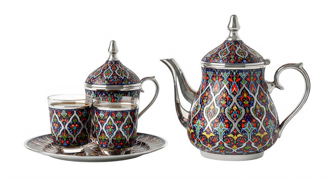 Vintage moroccan tea set with intricate colorful mosaic design isolated on transparent background