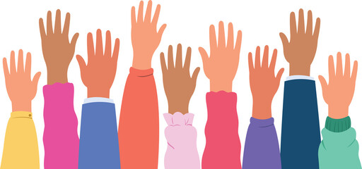 Obraz premium Concept of voting, Hands raised up together illustration.