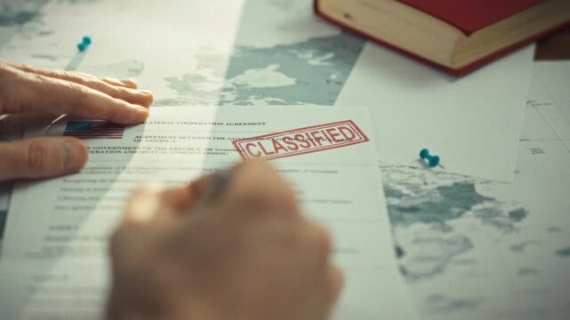A civil servant's hands carefully handle a confidential ministry document on a table next to a world map, symbolizing state authority and bureaucracy in public service management